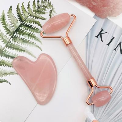 China Crystal Rose Quartz Jade Roller Heart Gua Sha box face roller massager Rose quartz handle+rose quartz heads for sale