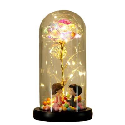 China Rose Flower 24K Gold Foil Galaxy L-Rainbow Designs Forever Roses In Lead Glass Dome For Valentine Gift for sale