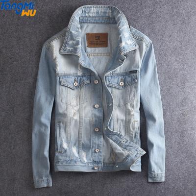 China Wholesale high quality simple distressed blue embroidery windproof denim jacket ripped jeans jacket men for sale