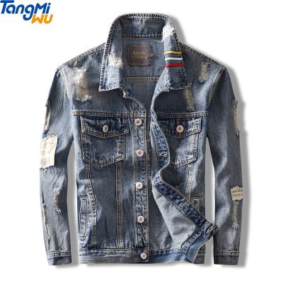 China Wholesale Windproof Casual Embroidery Printing Retro Washed Denim Jacket Men Ripped Blue Jeans Jacket Men for sale