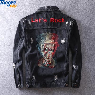 China Wholesale High Quality Breathable Black Denim Jacket Skull Embroidery Printing Distressed Jeans Jacket Men for sale