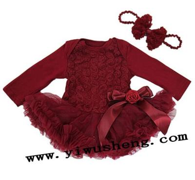 China Wholesale Viable Baby Romper Romantic Ruby Long Sleeves Babyromper Pettidress Rosettes and Headband for sale