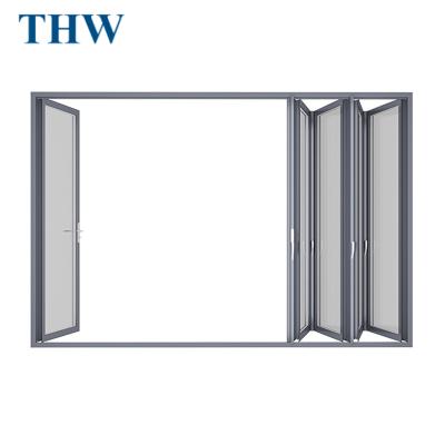 China THW Lampow Waterproof Thermal Break Glass Door Accordion Wrought Iron Aluminum Bi Fold Exterior Door for sale