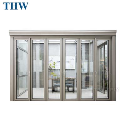 China Impact Thermal Insulation THW Bi Folding Door Aluminum Corner Folding Accordion Windproof Hurricane Glass Exterior For Residential House for sale