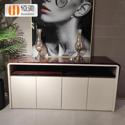 China (Other) Modern High Gloss White Leather Adjustable Sideboard Cabinet Sideboard Dining Cupboard Furniture Sideboard for sale