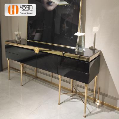 China Modern Wood Sideboard (Other) Dining Room Furniture Veneer Metal Sideboard Adjustable Black High Gloss Top Cabinet Mirror Leg Sideboard for sale