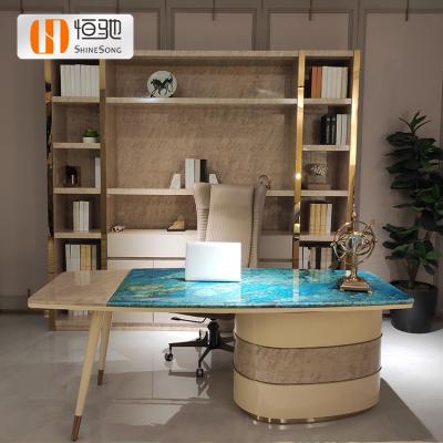 China Office Study Table Home Office Marble Top Luxury Blue And Cream Marble Top Desk for sale