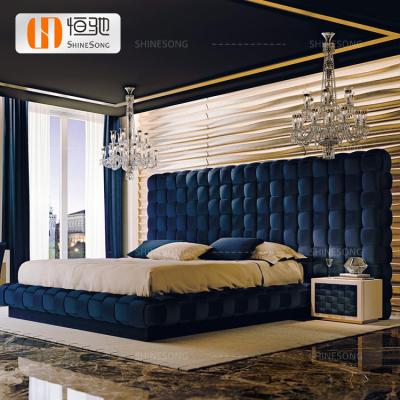 China Customize Available Double Bed Frame King Size Bedroom Furniture Navy Blue Wood Frame Fabric Bed for sale