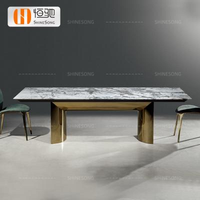 China (Other) Modern Adjustable Rectangle Modern Dining Set Stainless Steel Dining Table Base Rectangle Natural Marble Top Dining Table for sale