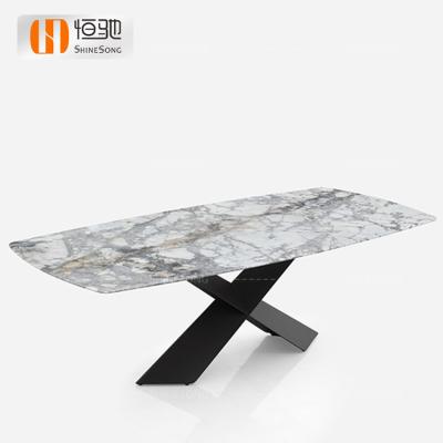 China Restaurant Style Black Metal X Legs Adjustable Modern Rectangular Table White Marble Top Dining Table (Other) for sale