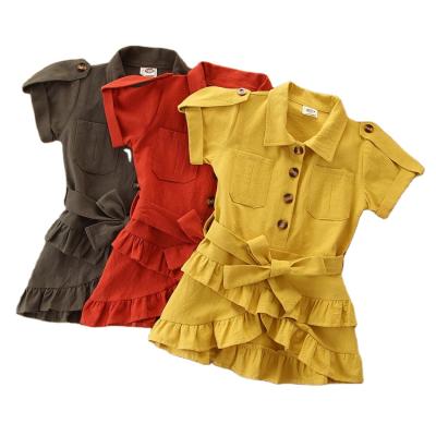 China Wholesale Washable Kids Dresses For Girls Summer Fashion Baby Dress Short Sleeve Lapel Ruffled Waist Girls Dresses for sale