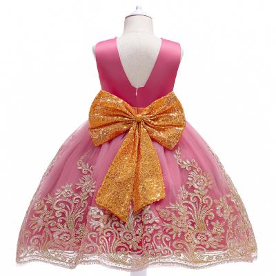 China High Quality Anti-wrinkle Kids Dresses Gold Embroidery Lace Girls Formal Dress Halter Bowknot Hollow Princess Dress For Girls for sale