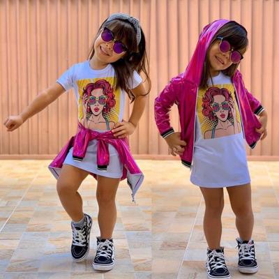 China New children's casual clothes sets shiny golden zipper Rose Red Jacket + printed T-shirt skirt suit clothes little girls fall clothes for sale