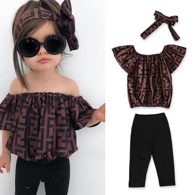 China Summer Babies Breathable One-neck Off Top+Pants+Shoulder Letter Print Headband Three Piece Kids Clothes Sets for sale