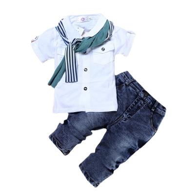 China Antibacterial Hot Sales Factory Wholesale INS Baby Boys Clothing Sets T-shirt Jeans Scarf 3pcs Short Sleeve Clothing Outfits for sale