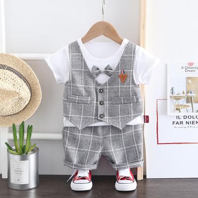 China New Casual Toddler Boys Summer Short Clothing Sets British Style Plaid Kids Casual Outfit Both Pieces for sale