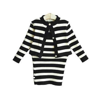 China 2021 New Korean Design Stripe Girls Sweaters Kids Breathable Dresses Fashion 2pcs Sets Spring and Autumn Baby Girl Sweater for sale