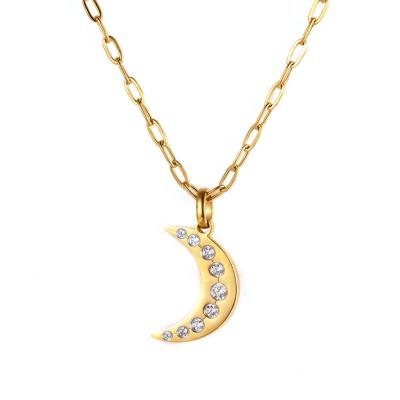 China CLASSIC 18k Gold Plated Retro Gold Silver Crescent Moon Zircon Pendant Necklaces Stainless Steel Jewelry for sale