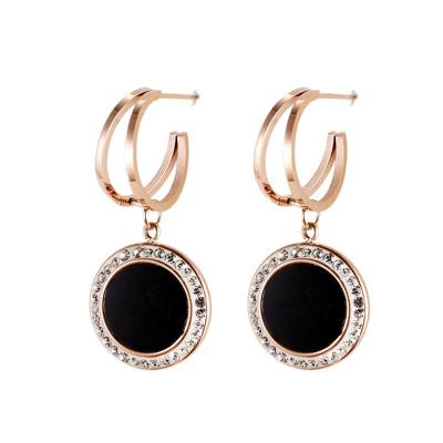 China FASHIONABLE French Jewelry Stainless Steel Texture Rose Gold Circular Mirror Shell Elegant Zircon Diamonds Drop Earrings for sale