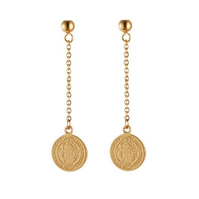 China CLASSIC Classic Retro 18k Gold Plated Stainless Steel Jewelry Pearl Gold Coin Long Tassel Dangle Earrings for sale