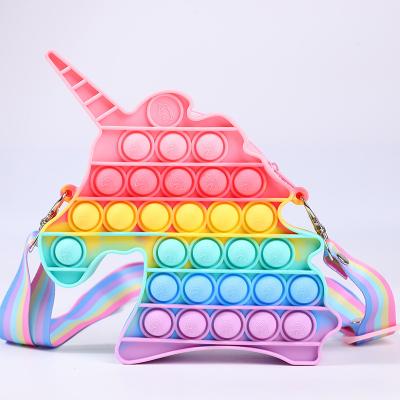 China Silicone Push Bubble Snap Sling Bag Kids Rainbow Busy Person Unicorn Sound Viable Running Sensory Purse for sale