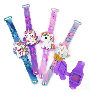 China Waterproof Display Timer 2022 Digital Closed Flip Leads Silicone Unicorn Push Pop Bubble Itting Person Wristband Pop Itting Watch For Kids for sale