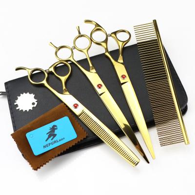 China NEPURLson Viable 8.0 Inch Golden Scissors Veterinary Animal Pet Grooming Scissors Pet Fishbone Shaped Teeth 3 Scissors Set for sale