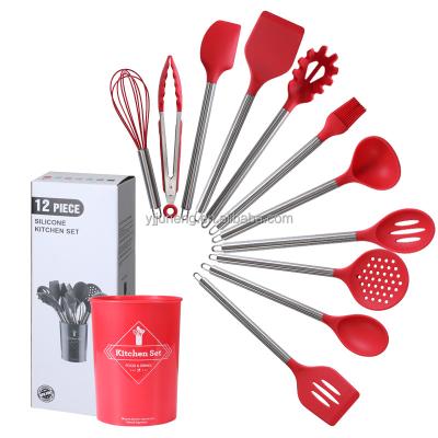 China 12 Pieces Sustainable Silicone Red Kitchen Utensil Set With Stainless Steel Handle for sale