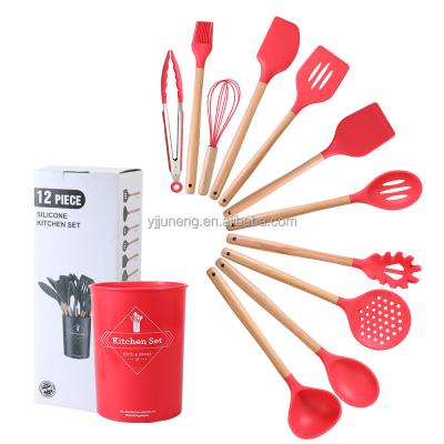 China Sustainable Set Of 12 Pcs Silicone Kitchen Utensils With Wooden Handle for sale