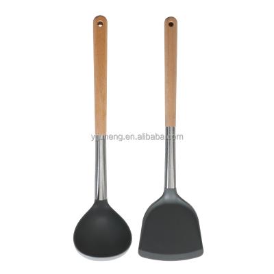 China Viable Wooden Kitchen Accessories Handles Non-Stick Silicone Cookware Stainless Steel Cookware Set for sale