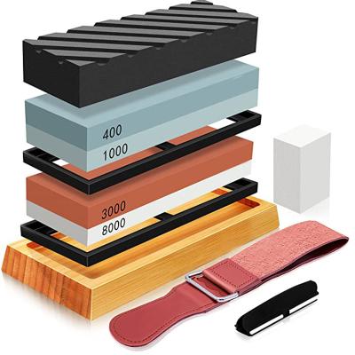 China Viable Knife Sharpening Stone Kit Whetstone Sharpener Set Grit 400/1000 3000/8000 Leather Sharpening Stone Bamboo Base Flattening Leather for sale