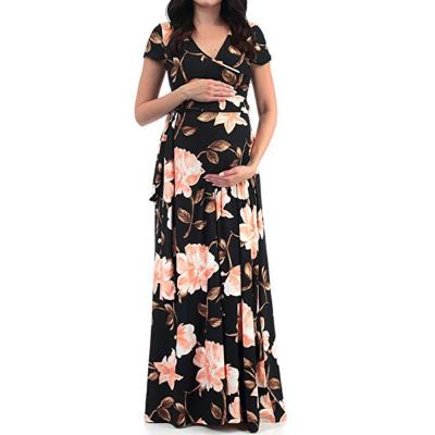 China Wholesale Breathable Summer V Neck Bandage Floral Print Pregnancy Clothes Wear Maternity Dresses for sale