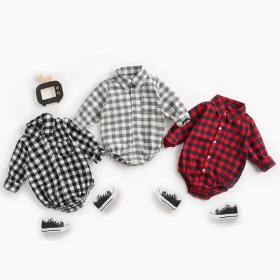 China New popular unisex gingham long sleeve for kids infant romper onesie checks short romper for sale