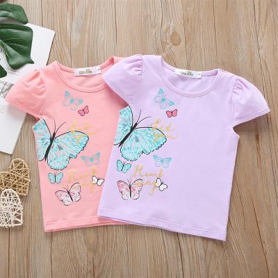 China Wholesale Customization Summer Girl Cartoon Butterfly Children T-shirt Alphabet Cotton Top Short Sleeve Cute Candy Color for sale