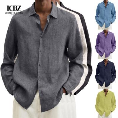 China 2022 Independent Station V Neck Loose Button Cotton Linen Shirt Man Popular Long Sleeved for sale