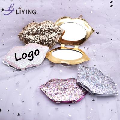 China Hot Selling Magnifying Customized Double Sided Small PU Mirror Glitter Lip Shape Compact Portable Mirror For Promotion for sale