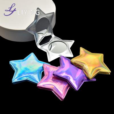 China Holographic Star Shape Logo Mirror Cute Bling PU Pocket Makeup Mirror Magnifying Custom Vendor for sale