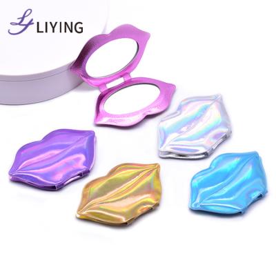 China Hot Selling Holographic Makeup Mirror Bling Custom Enlarging Logo Lip Shape Small Compact Mirror for sale