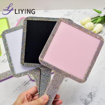 China Custom Wholesale Custom Logo Square Rhinestone Handheld Small Mirror Private Label Makeup Plastic Cosmetic Mirror for sale