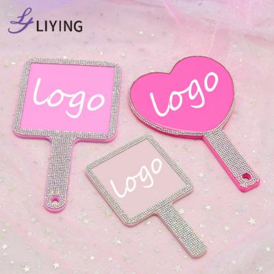 China Personalized Free Custom Heart Lash Hand Mirror For Cosmetics Square Logo Makeup Mirror Bling Rhinestone for sale