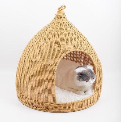 China Roundwater Drop Shape Plush Waterproof Rattan Cat Bed House For Sleeping for sale