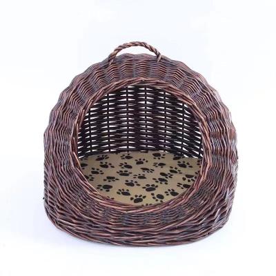 China Large Breathable Dog Cage House Cane Rattan Hand Woven Cat Nest Bed Cushion Carry House for sale