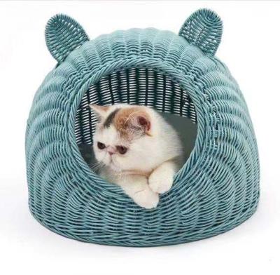 China Cat Nest House Semi-enclosed Summer Pet Cooling Bed Rattan Woven Waterproof Waterproof Handmade for sale