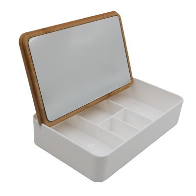 China Viable Cosmetic Organizer Box Plastic With Wooden Jewelry Box Bathroom Storage Cosmetics Makeup Organizer for sale