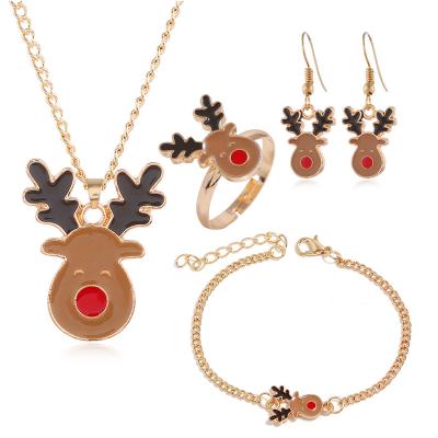 China Christmas Hot Sale Girl Oil Drip Bracelet Necklace Ring Earrings 4 Piece Christmas Elk Cartoon Personality Jewelry Set for sale