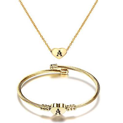 China Customizable Factory Advantage 26 Letter Gold Necklace Bracelet Set Heart Shaped Adjustable Opening Necklace Set for sale