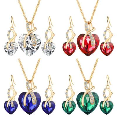 China Factory Advantage Bridal Wedding Jewelry Set Luxury Big Heart Shaped Crystal Glass Earring Necklace Earring Set For Women for sale