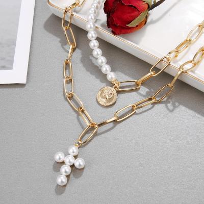 China Cute Fashion Gold Plated Vintage Multilayer Pearl Necklace Pearl Cross Coin Necklace for sale