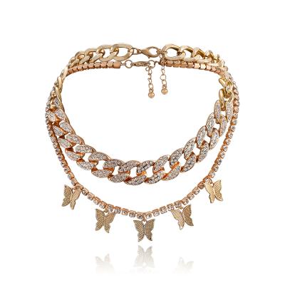 China Vintage Hip Hop Punk Two Layer Full Diamond Chunky Chain Cuban Necklace Diamond Butterfly Choker Necklace for sale