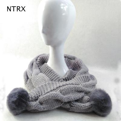 China 100% Acrylic+100% Polyester Cable Knit Scarf With Faux Fur Pom Pom Women's Scarf For Winter for sale